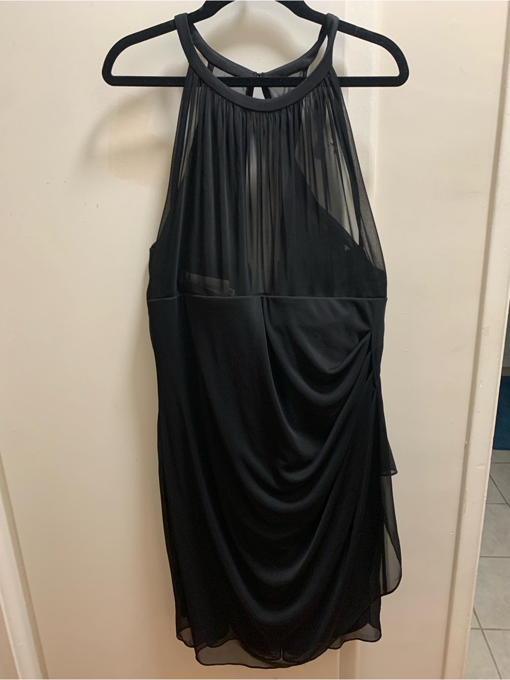 David's Bridal Black Sheer Yoke Cocktail Dress Stretch Wedding Holiday Size 14